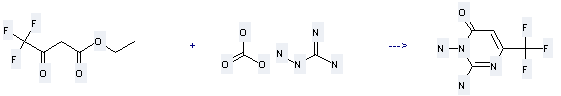 4(3H)-Pyrimidinone, 2,3-diamino-6-(trifluoromethyl)- can be prepared by 4,4,4-trifluoro-3-oxo-butyric acid ethyl ester and aminoguanidine; carbonate (1:1) by heating
